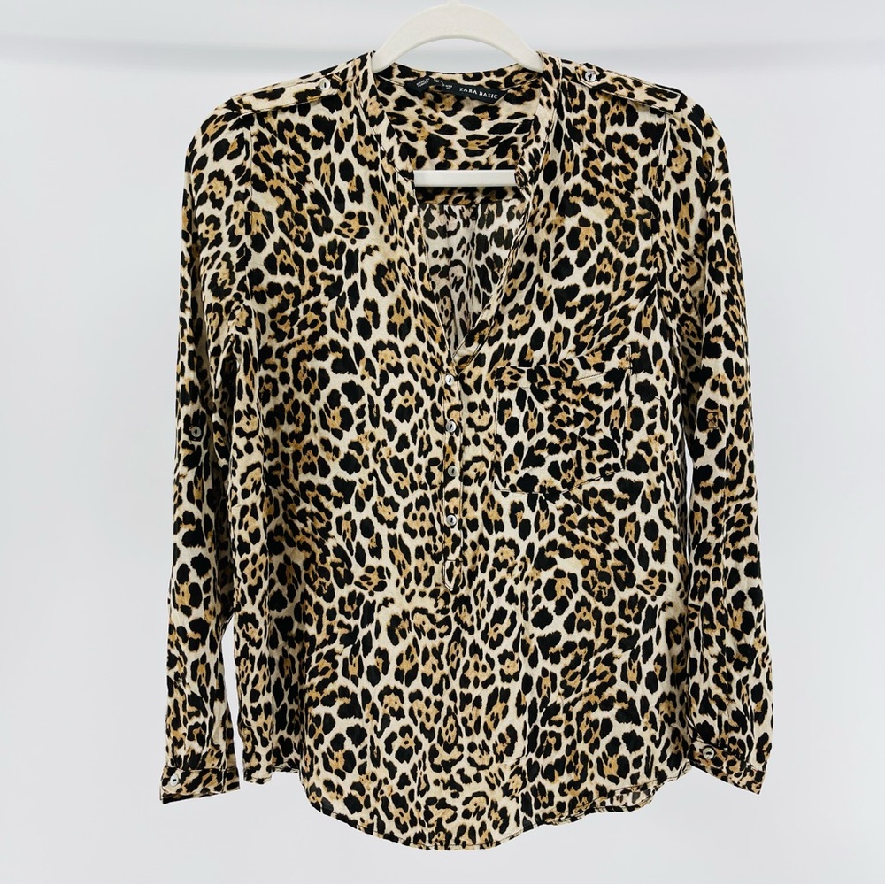 ZARA Leopard Print Popover Long Sleeve Blouse, Women’s Medium